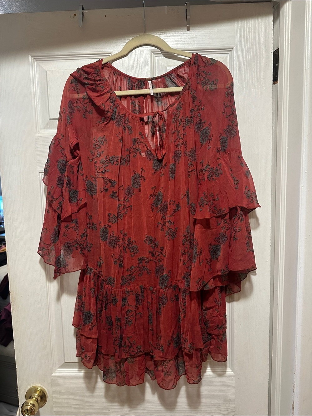 Free People Rust Red Floral Ruffle Tunic